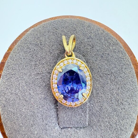 Gold Over Sterling Silver 925 Blue Gemstone CZ Accents Pendant Size 0.75" Length - Picture 1 of 9